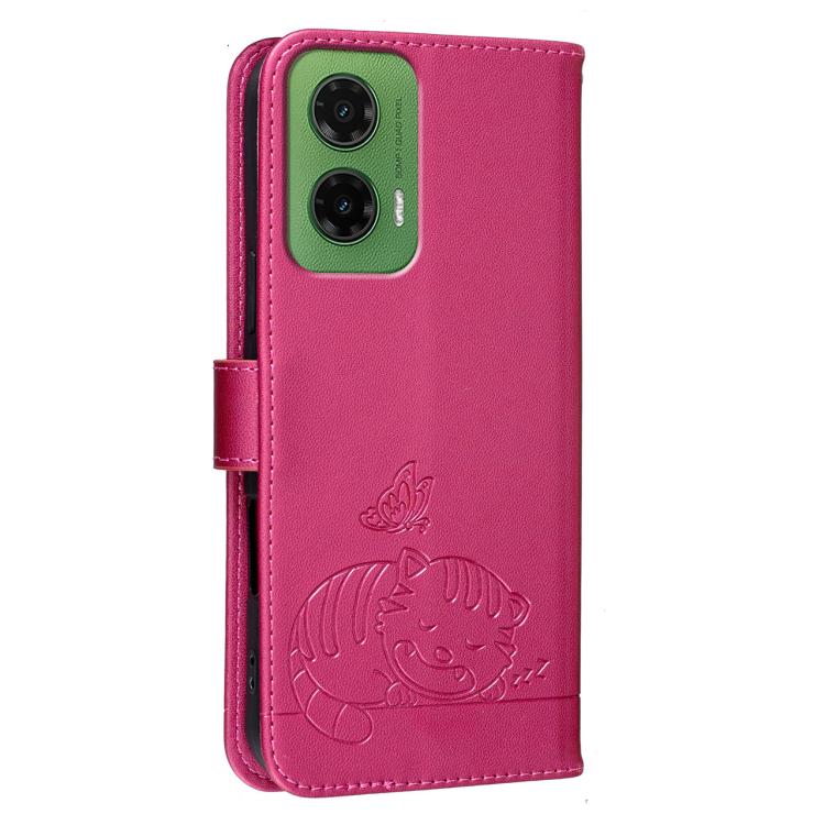 For Motorola Moto G35 Cat Butterfly Embossed RFID Vegan Leather Phone Case with Strap