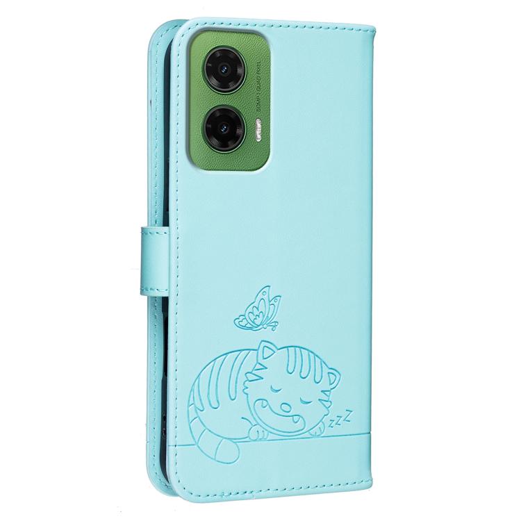 For Motorola Moto G35 Cat Butterfly Embossed RFID Vegan Leather Phone Case with Strap