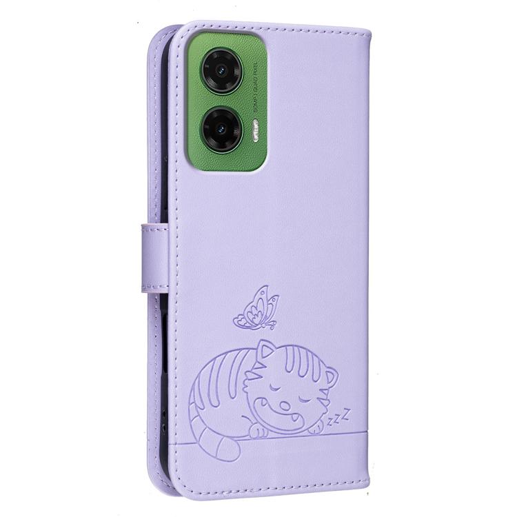 For Motorola Moto G35 Cat Butterfly Embossed RFID Vegan Leather Phone Case with Strap