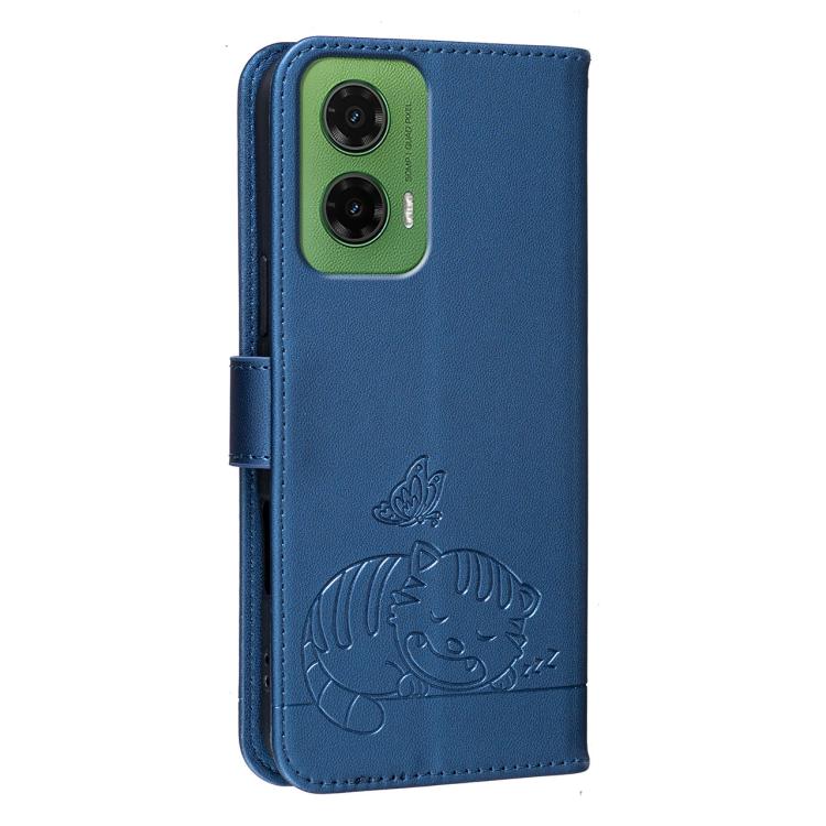 For Motorola Moto G35 Cat Butterfly Embossed RFID Vegan Leather Phone Case with Strap