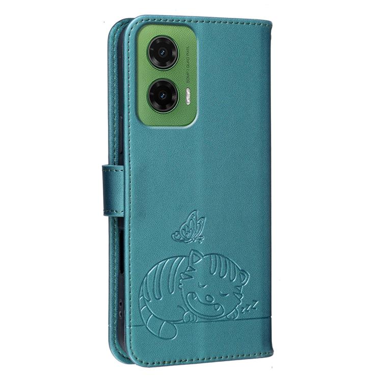 For Motorola Moto G35 Cat Butterfly Embossed RFID Vegan Leather Phone Case with Strap