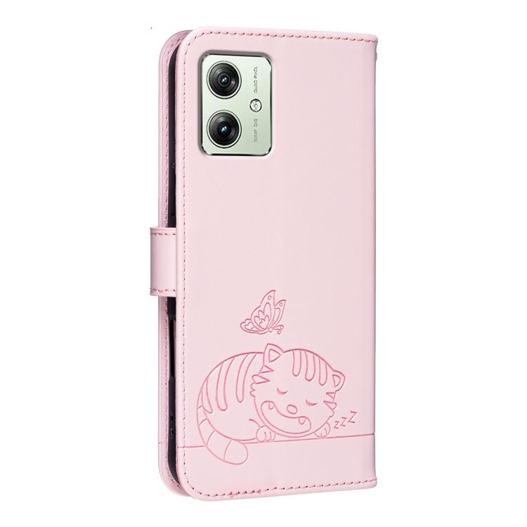 For Motorola Moto G54 Power Cat Butterfly Embossed RFID Vegan Leather Phone Case with Strap