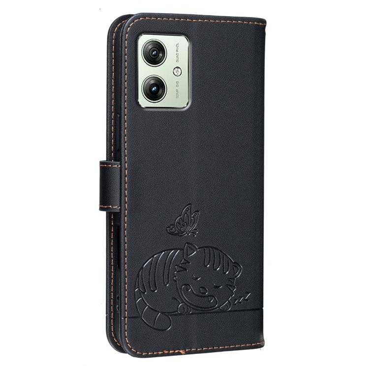For Motorola Moto G54 Power Cat Butterfly Embossed RFID Vegan Leather Phone Case with Strap