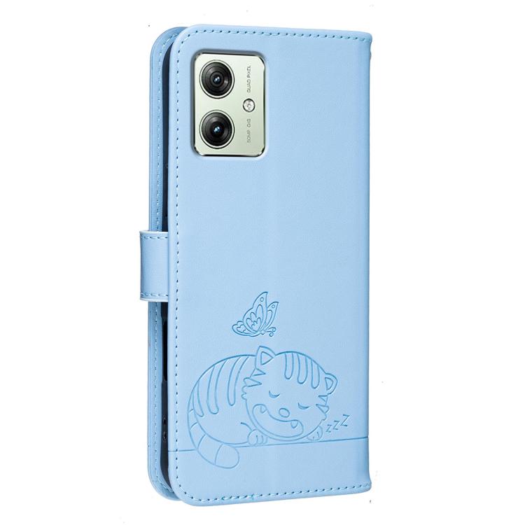 For Motorola Moto G54 Power Cat Butterfly Embossed RFID Vegan Leather Phone Case with Strap