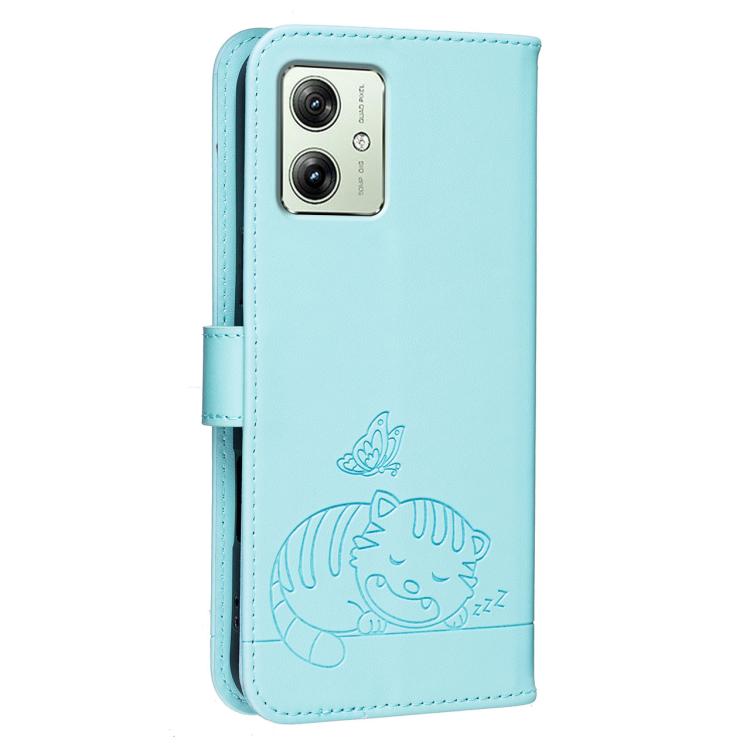 For Motorola Moto G54 Power Cat Butterfly Embossed RFID Vegan Leather Phone Case with Strap