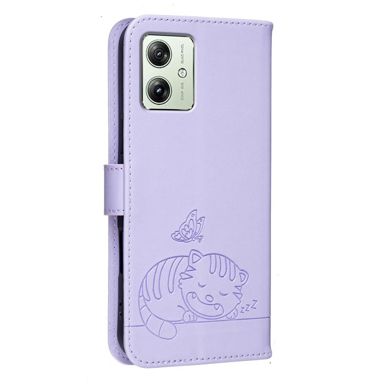 For Motorola Moto G54 Power Cat Butterfly Embossed RFID Vegan Leather Phone Case with Strap