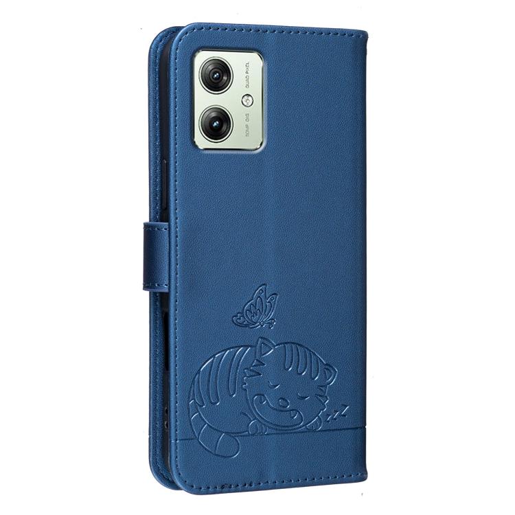 For Motorola Moto G54 Power Cat Butterfly Embossed RFID Vegan Leather Phone Case with Strap