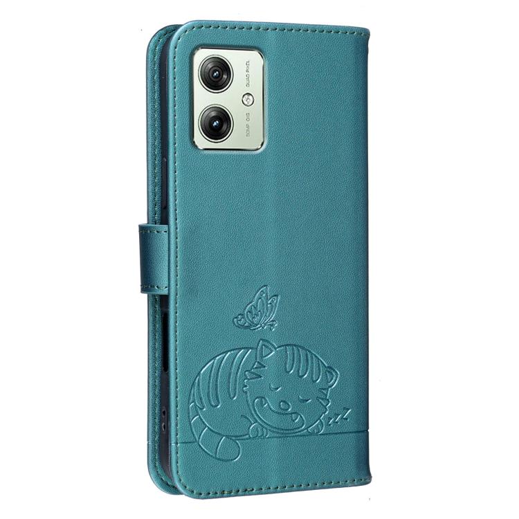 For Motorola Moto G54 Power Cat Butterfly Embossed RFID Vegan Leather Phone Case with Strap
