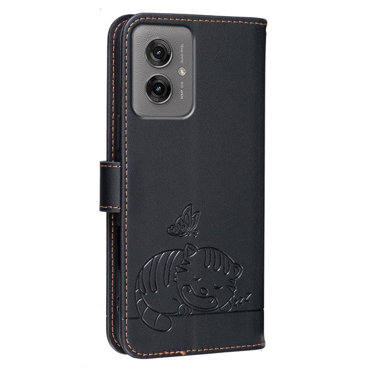 For Motorola Moto G55 Cat Butterfly Embossed RFID Vegan Leather Phone Case with Strap