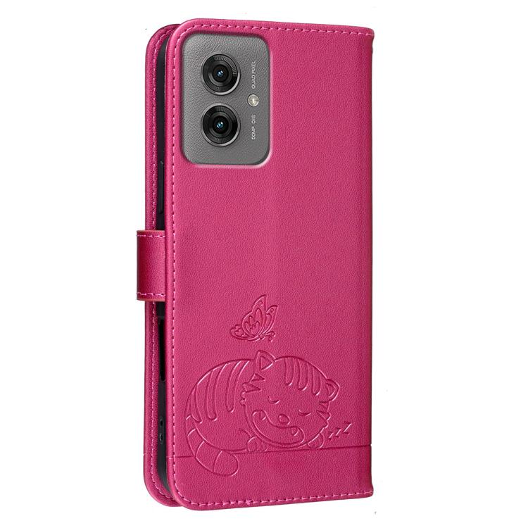For Motorola Moto G55 Cat Butterfly Embossed RFID Vegan Leather Phone Case with Strap