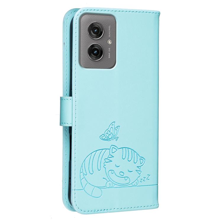 For Motorola Moto G55 Cat Butterfly Embossed RFID Vegan Leather Phone Case with Strap