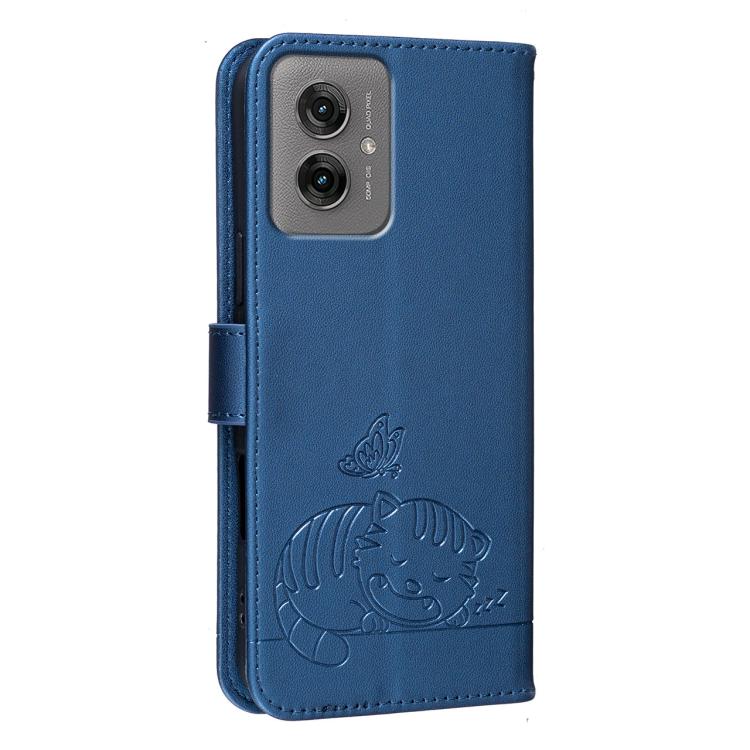 For Motorola Moto G55 Cat Butterfly Embossed RFID Vegan Leather Phone Case with Strap