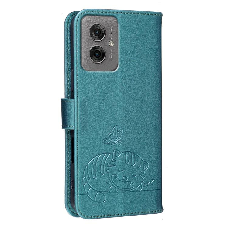 For Motorola Moto G55 Cat Butterfly Embossed RFID Vegan Leather Phone Case with Strap