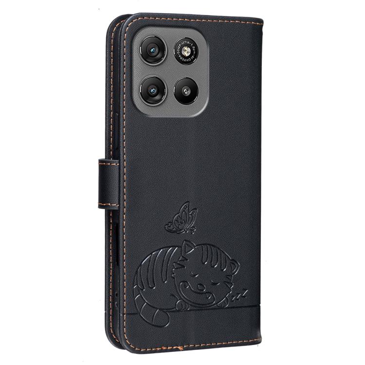 For Motorola Moto G67 Power 5G Cat Butterfly Embossed RFID Vegan Leather Phone Case with Strap