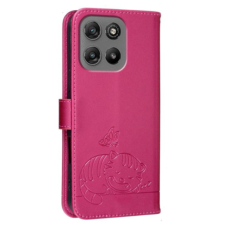 For Motorola Moto G67 Power 5G Cat Butterfly Embossed RFID Vegan Leather Phone Case with Strap