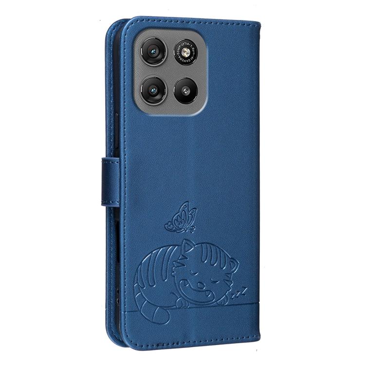For Motorola Moto G67 Power 5G Cat Butterfly Embossed RFID Vegan Leather Phone Case with Strap