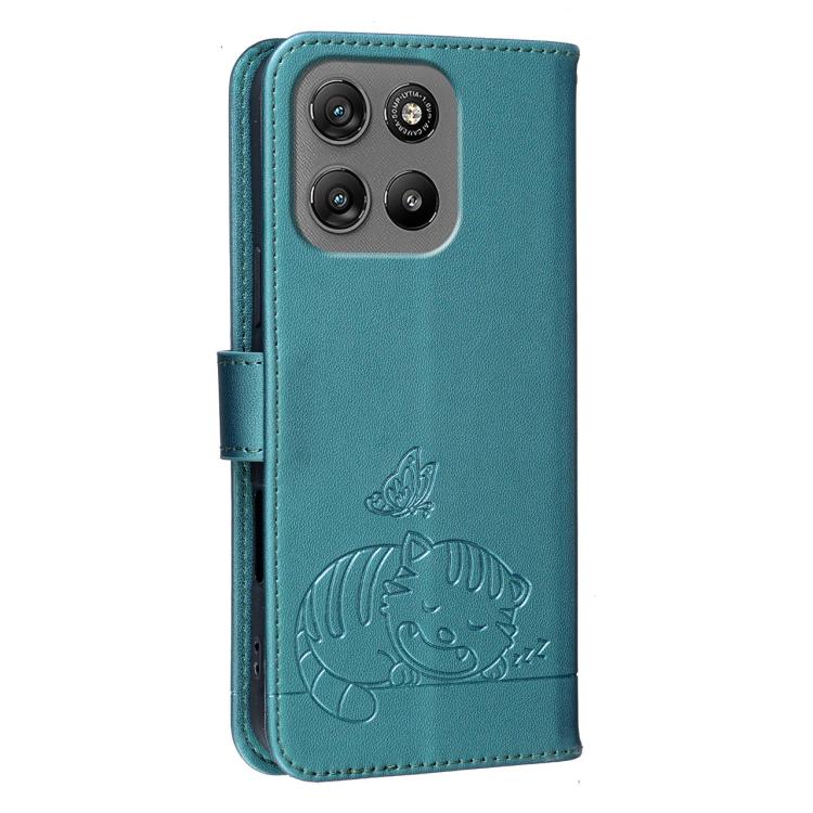 For Motorola Moto G67 Power 5G Cat Butterfly Embossed RFID Vegan Leather Phone Case with Strap