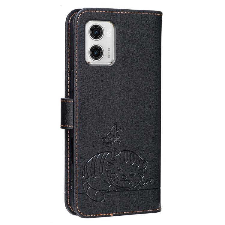 For Motorola Moto G73 Cat Butterfly Embossed RFID Vegan Leather Phone Case with Strap
