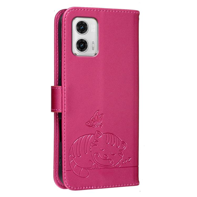 For Motorola Moto G73 Cat Butterfly Embossed RFID Vegan Leather Phone Case with Strap