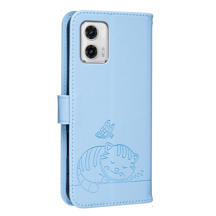 For Motorola Moto G73 Cat Butterfly Embossed RFID Vegan Leather Phone Case with Strap