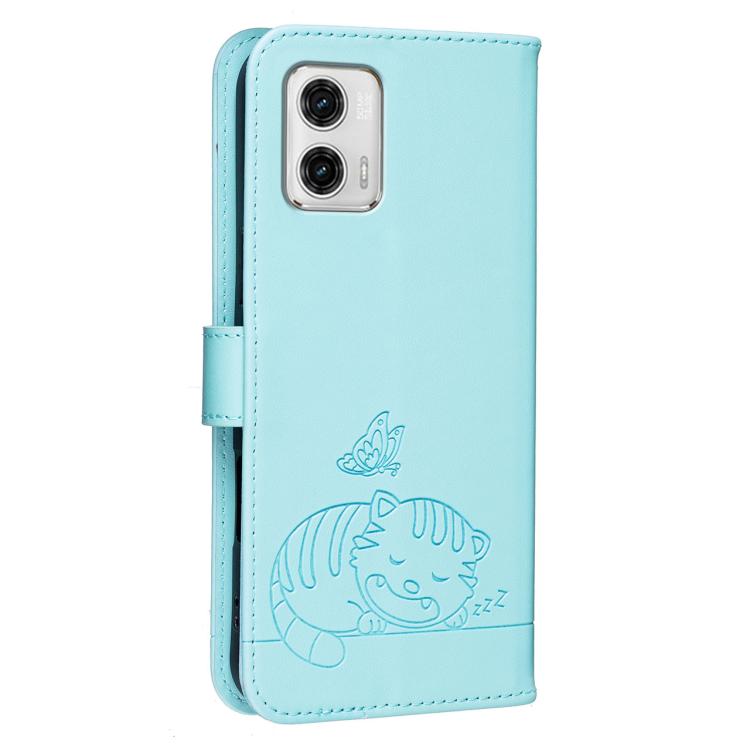 For Motorola Moto G73 Cat Butterfly Embossed RFID Vegan Leather Phone Case with Strap