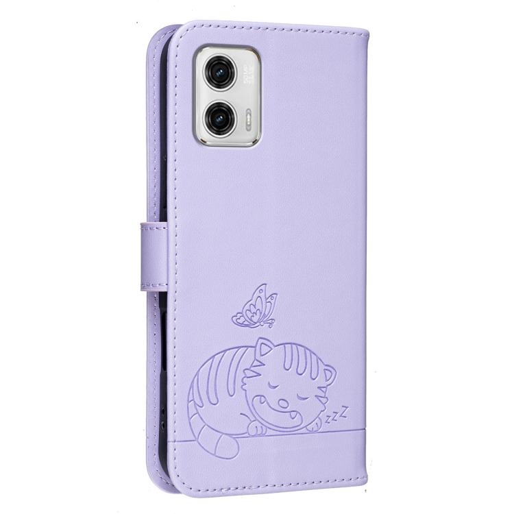 For Motorola Moto G73 Cat Butterfly Embossed RFID Vegan Leather Phone Case with Strap