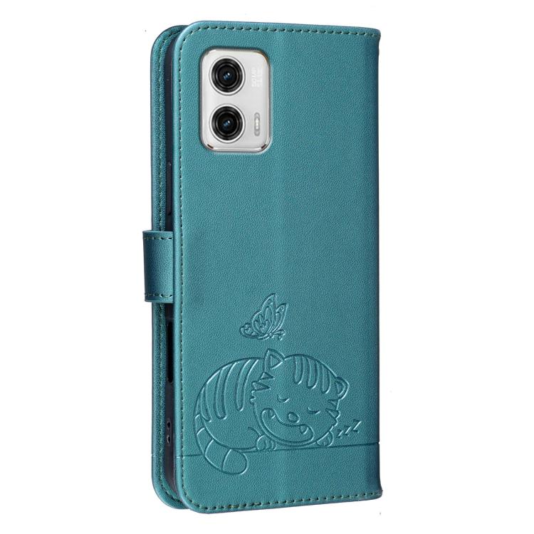 For Motorola Moto G73 Cat Butterfly Embossed RFID Vegan Leather Phone Case with Strap