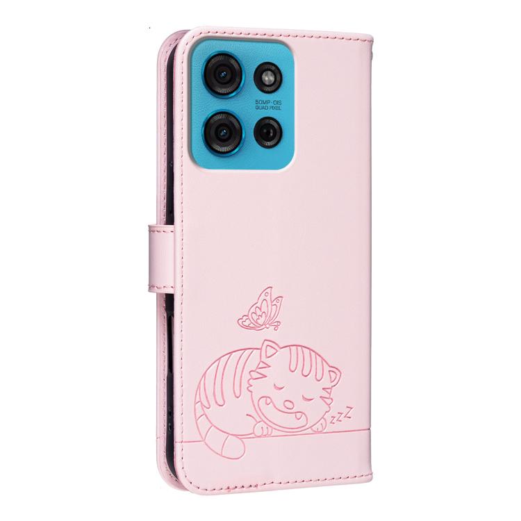 For Motorola Moto G75 5G Cat Butterfly Embossed RFID Vegan Leather Phone Case with Strap