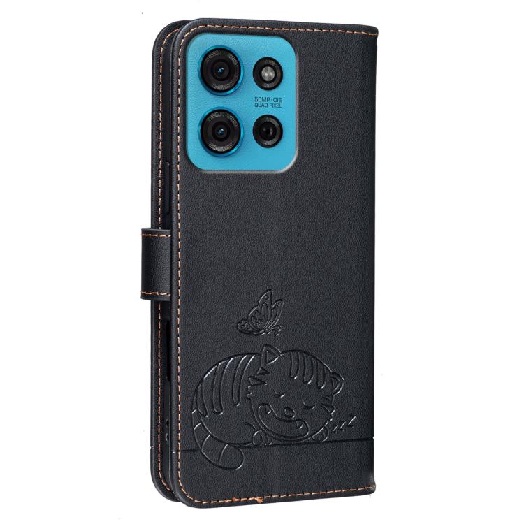 For Motorola Moto G75 5G Cat Butterfly Embossed RFID Vegan Leather Phone Case with Strap