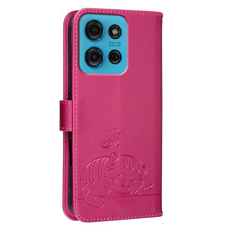 For Motorola Moto G75 5G Cat Butterfly Embossed RFID Vegan Leather Phone Case with Strap