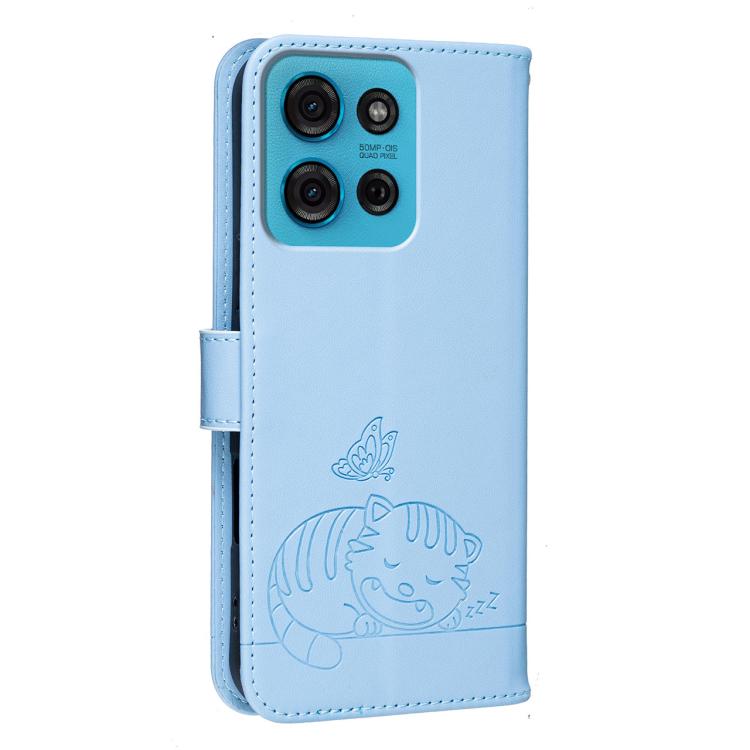 For Motorola Moto G75 5G Cat Butterfly Embossed RFID Vegan Leather Phone Case with Strap