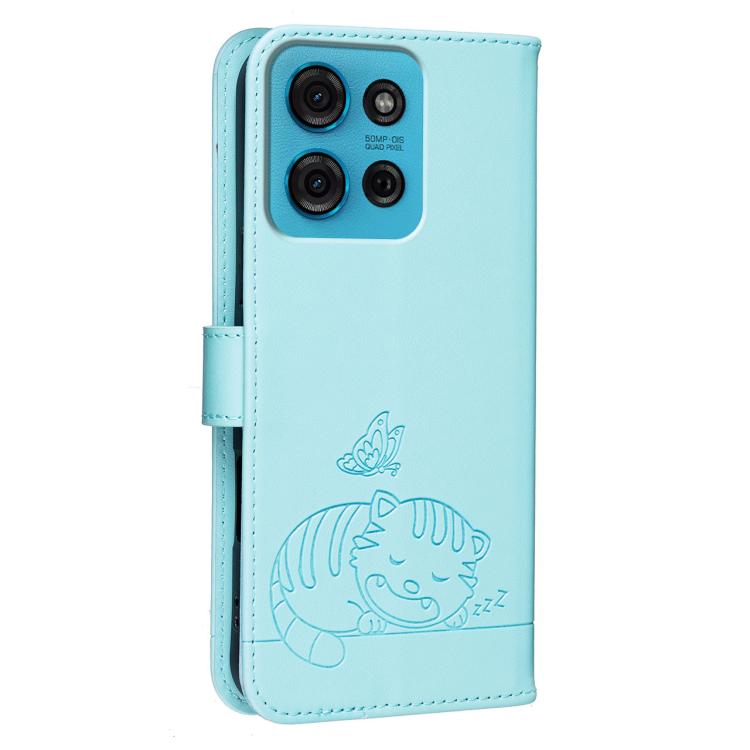 For Motorola Moto G75 5G Cat Butterfly Embossed RFID Vegan Leather Phone Case with Strap