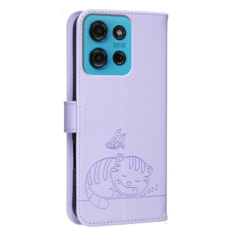 For Motorola Moto G75 5G Cat Butterfly Embossed RFID Vegan Leather Phone Case with Strap