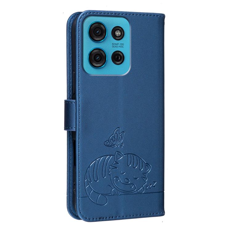 For Motorola Moto G75 5G Cat Butterfly Embossed RFID Vegan Leather Phone Case with Strap