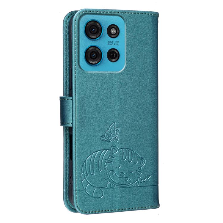 For Motorola Moto G75 5G Cat Butterfly Embossed RFID Vegan Leather Phone Case with Strap