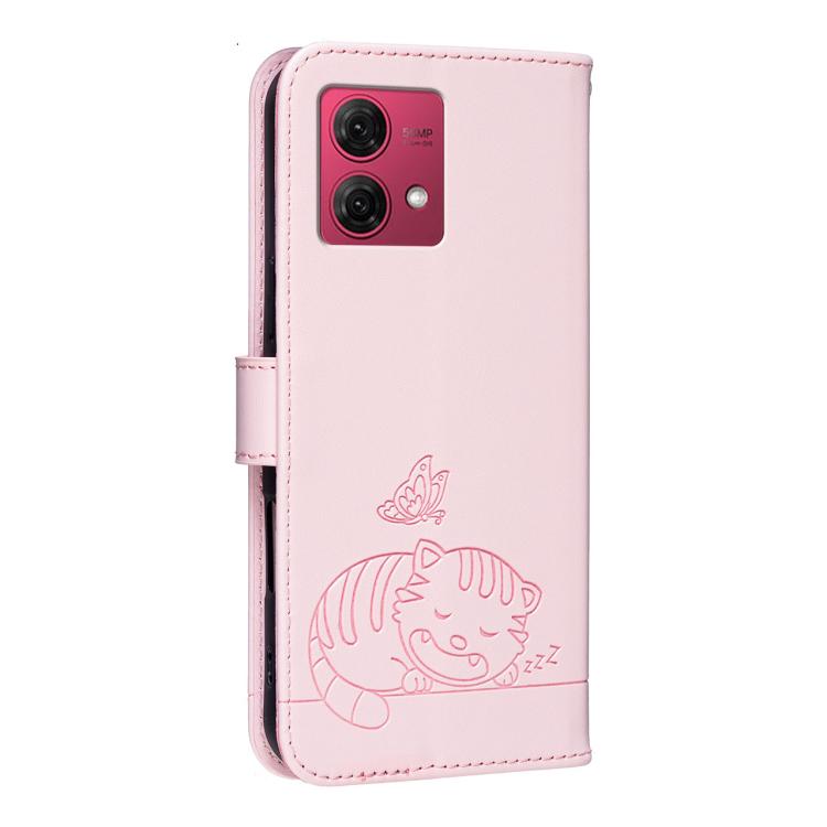 For Motorola Moto G84 Cat Butterfly Embossed RFID Vegan Leather Phone Case with Strap