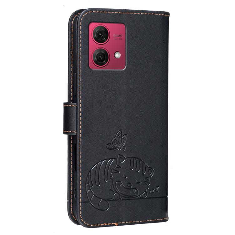 For Motorola Moto G84 Cat Butterfly Embossed RFID Vegan Leather Phone Case with Strap