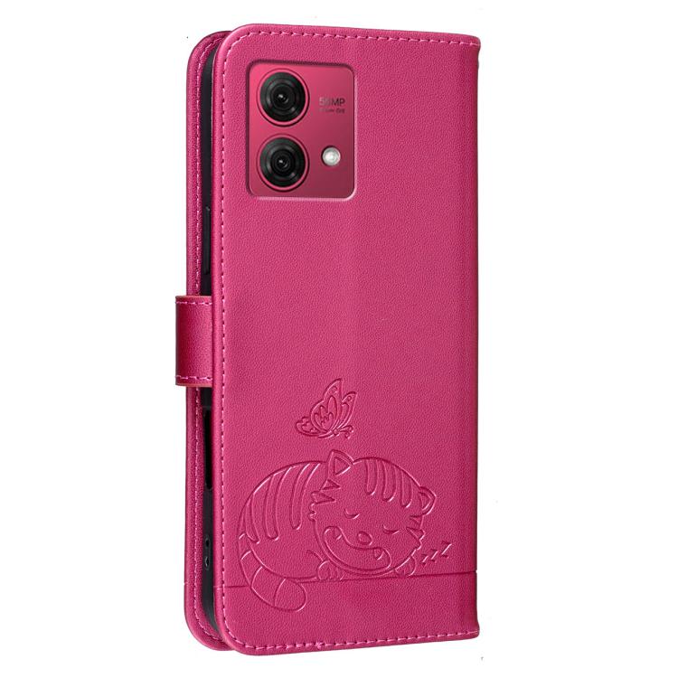 For Motorola Moto G84 Cat Butterfly Embossed RFID Vegan Leather Phone Case with Strap