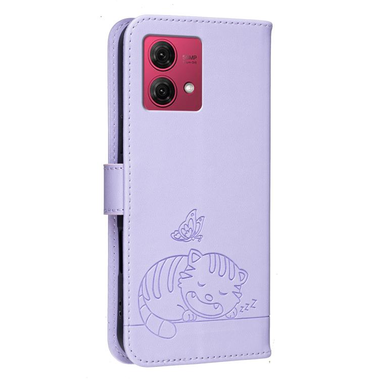 For Motorola Moto G84 Cat Butterfly Embossed RFID Vegan Leather Phone Case with Strap