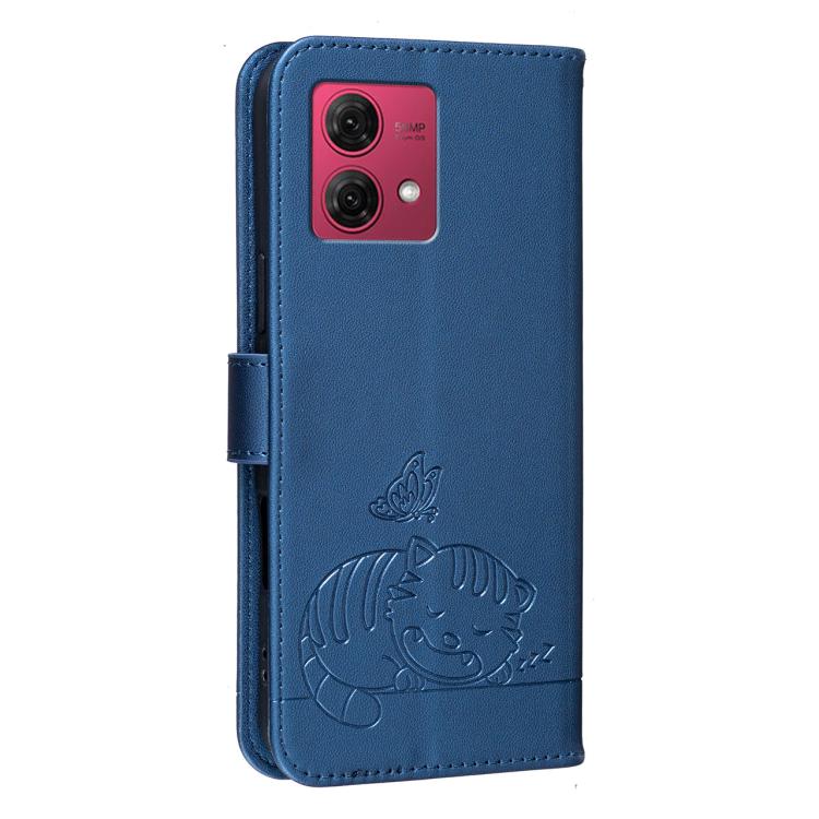 For Motorola Moto G84 Cat Butterfly Embossed RFID Vegan Leather Phone Case with Strap