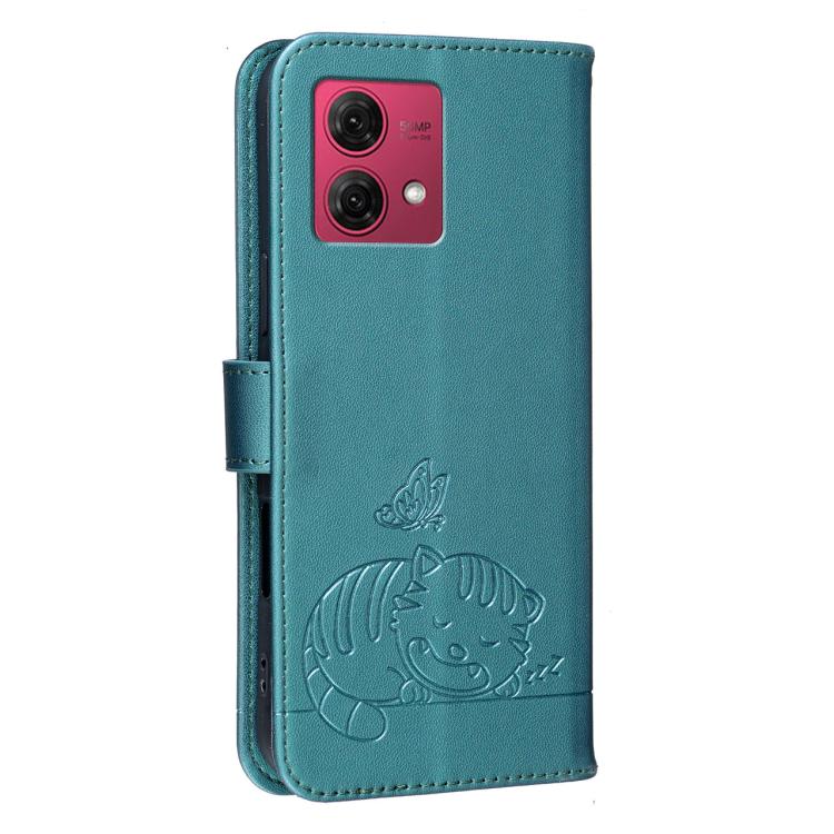For Motorola Moto G84 Cat Butterfly Embossed RFID Vegan Leather Phone Case with Strap