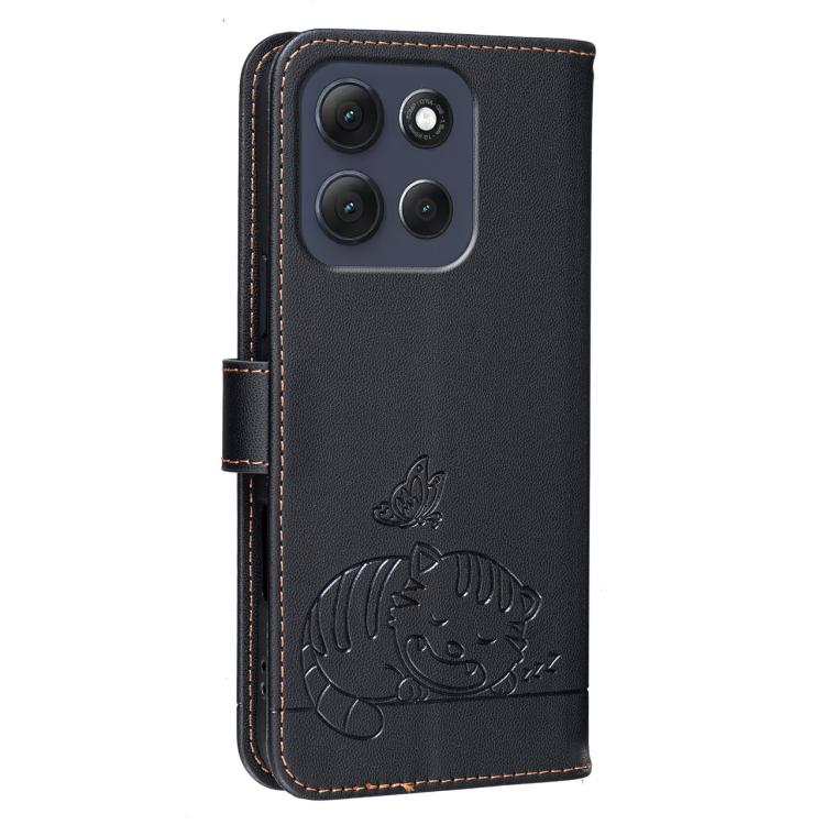 For Motorola Moto G86 Power Cat Butterfly Embossed RFID Vegan Leather Phone Case with Strap