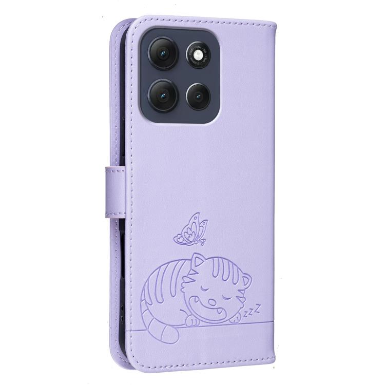 For Motorola Moto G86 Power Cat Butterfly Embossed RFID Vegan Leather Phone Case with Strap
