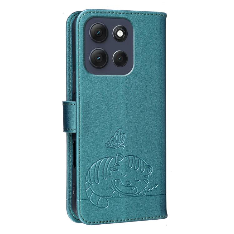 For Motorola Moto G86 Power Cat Butterfly Embossed RFID Vegan Leather Phone Case with Strap