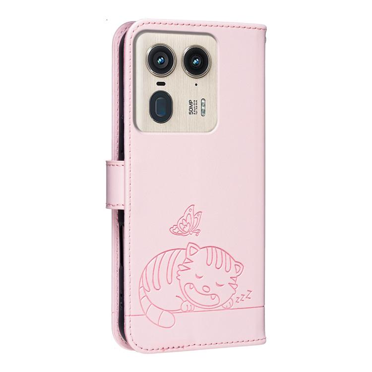 For Motorola Moto X50 Ultra Cat Butterfly Embossed RFID Vegan Leather Phone Case with Strap