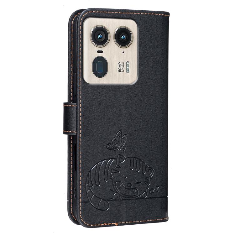 For Motorola Moto X50 Ultra Cat Butterfly Embossed RFID Vegan Leather Phone Case with Strap
