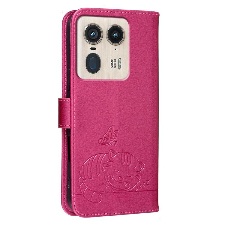For Motorola Moto X50 Ultra Cat Butterfly Embossed RFID Vegan Leather Phone Case with Strap