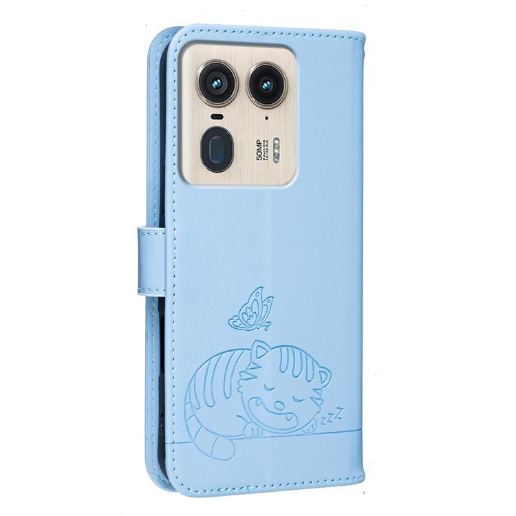 For Motorola Moto X50 Ultra Cat Butterfly Embossed RFID Vegan Leather Phone Case with Strap