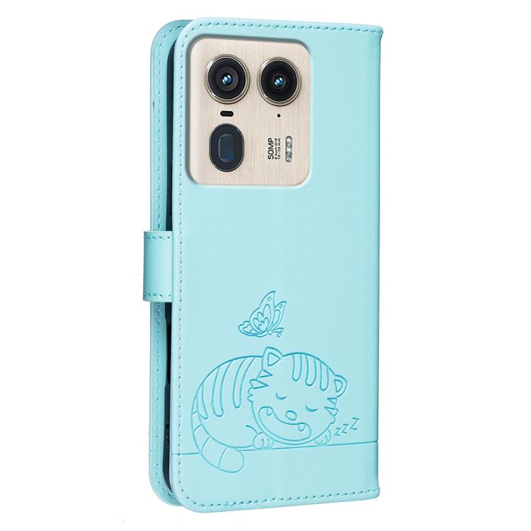 For Motorola Moto X50 Ultra Cat Butterfly Embossed RFID Vegan Leather Phone Case with Strap