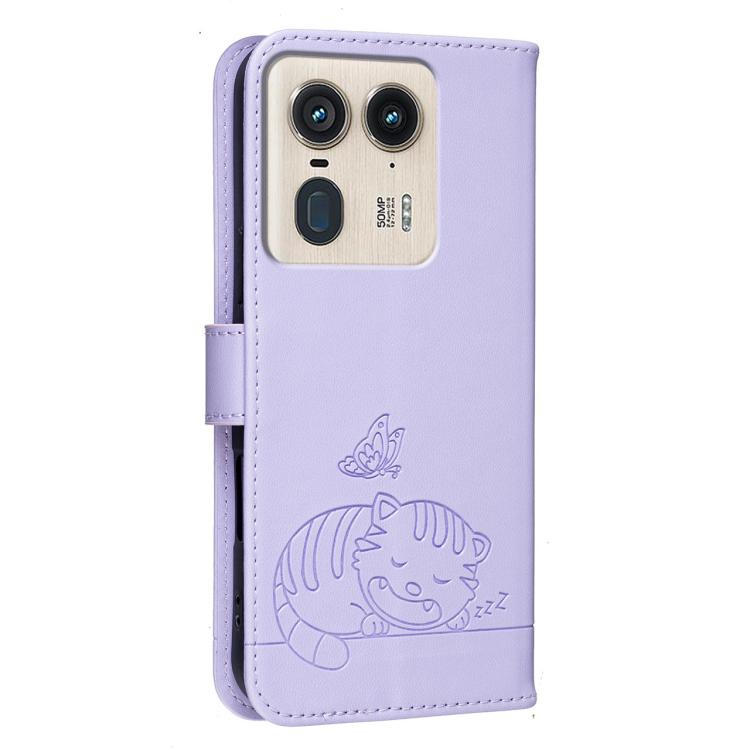 For Motorola Moto X50 Ultra Cat Butterfly Embossed RFID Vegan Leather Phone Case with Strap